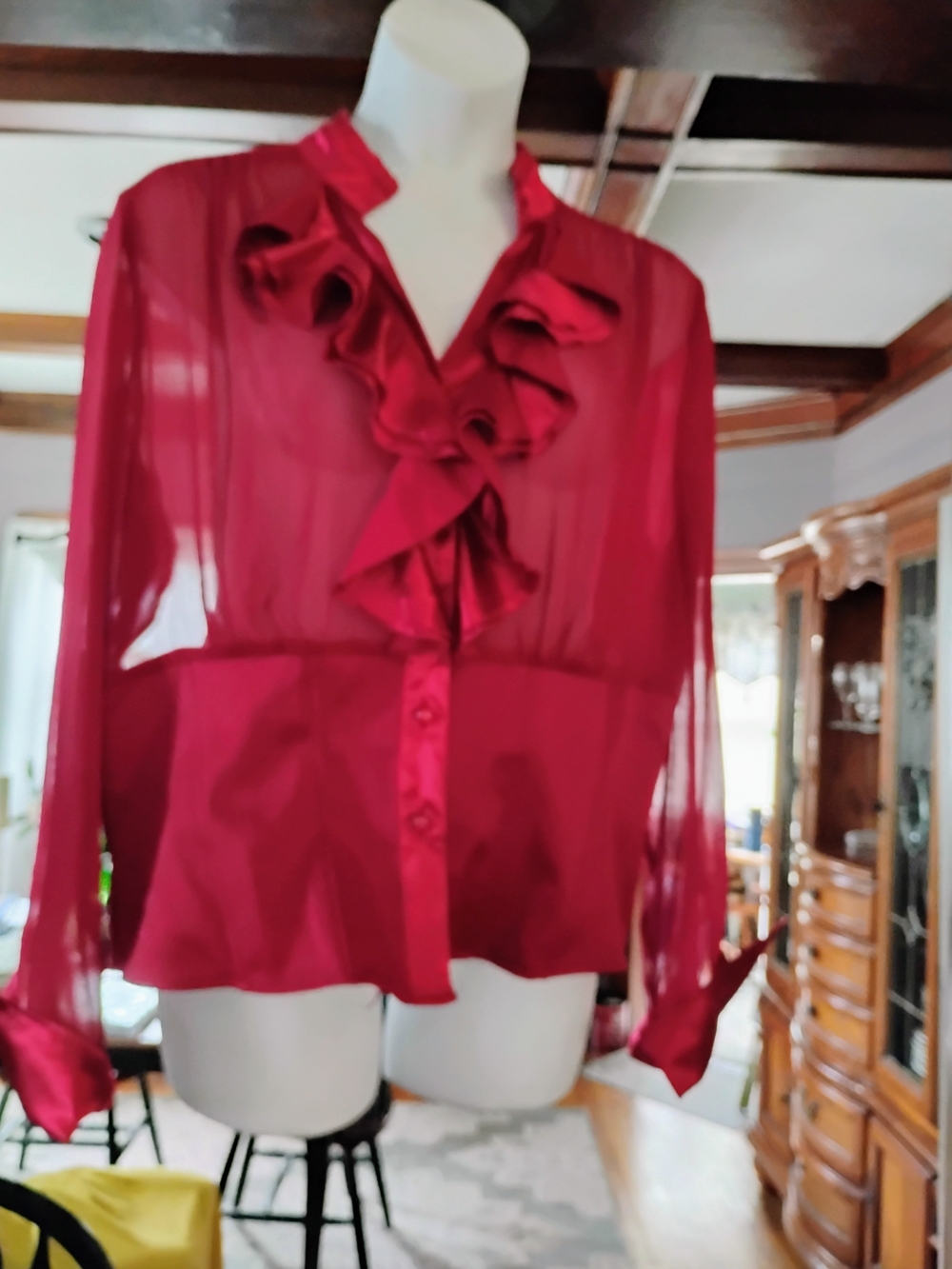 Ashley Stewart Ruffle-Front Sheer Blouse in Deep Red